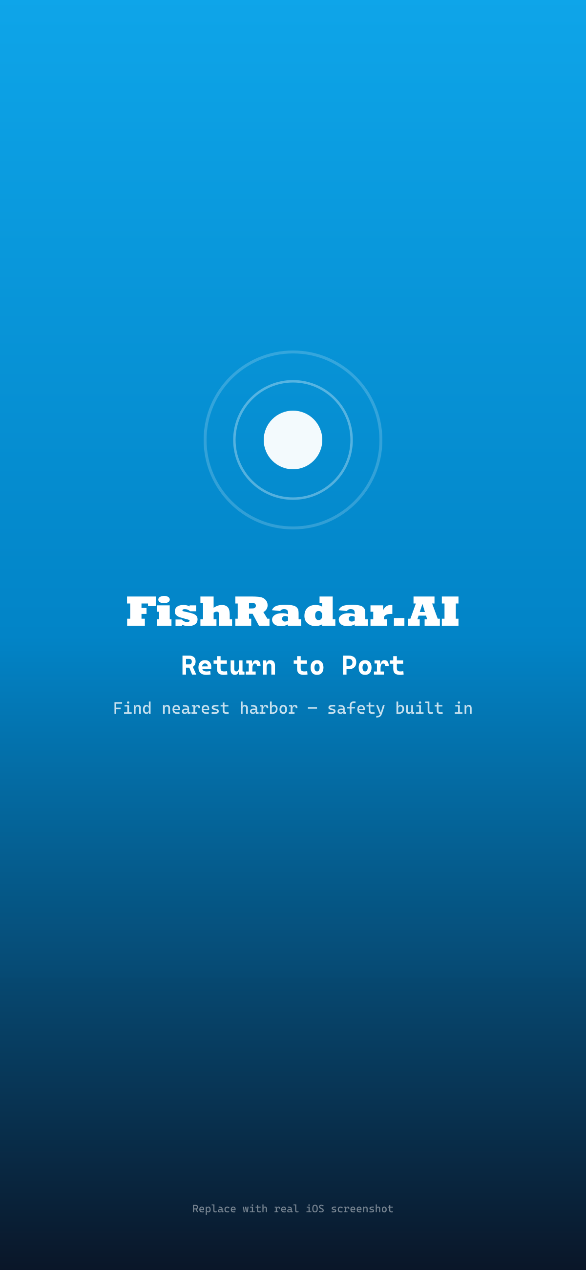 Màn hình FishRadar Return-to-Port với các trường nhập liệu nhiên liệu còn lại và tốc độ hành trình và một nút Find nearest harbor nổi bật — một tính năng an toàn hàng hải dành cho ngư dân câu cá xa bờ.